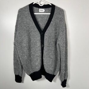PRIV Pheobe V-Neck Cardigan Cozy Wool Blend Oversized Contrast Trim M/L
